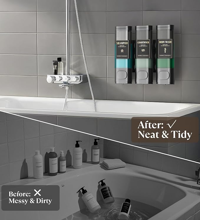 Luxspire Shampoo and Conditioner Dispenser, No Drill Wall Mounted Shower Soap Dispenser 3 Chamber with Waterproof Labels, Easy Refill Soap Dispenser for Bathroom Hotel Kitchen, Gray