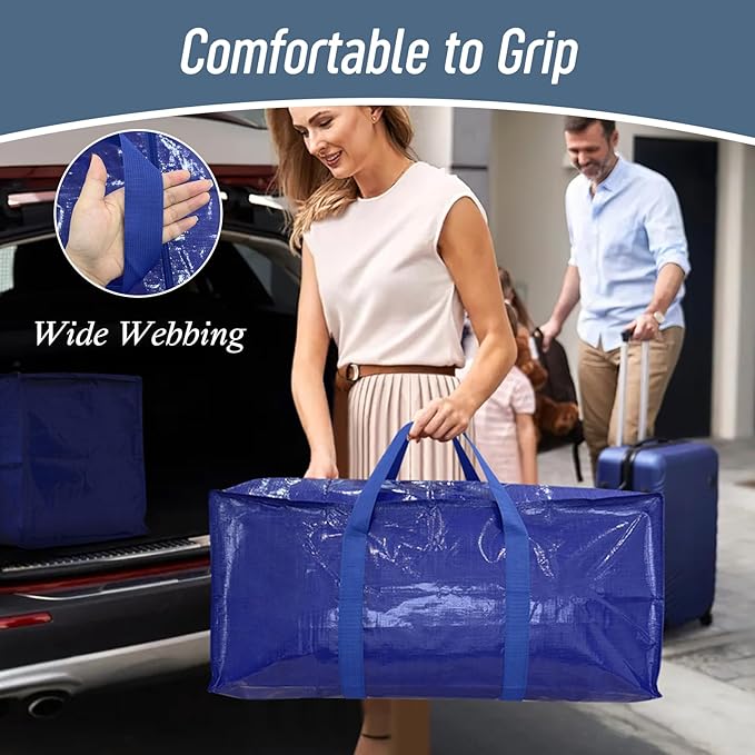 6 Pack Extra Heavy Duty Large Moving Bags with Strong Zipper & Comfortable, Blue