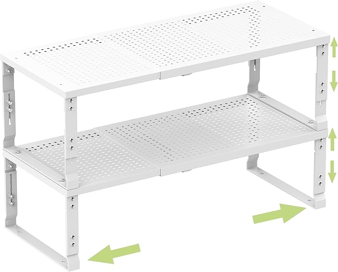Heavy-Duty Adjustable Metal Shelf Organizer - Expandable & Stackable Pantry Storage Rack for Kitchen, Bathroom, RV, Cabinets(2 Packs/White, Medium)