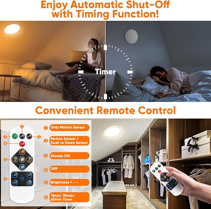 Rechargeable Motion Sensor Ceiling Lights with Remote, Battery Operated Closet Lights No Wiring, Wireless LED Shower Lights, 3 Colors Dimmable Overhead Lamps for Closet Shower Pantry Hallway, 2 Pack