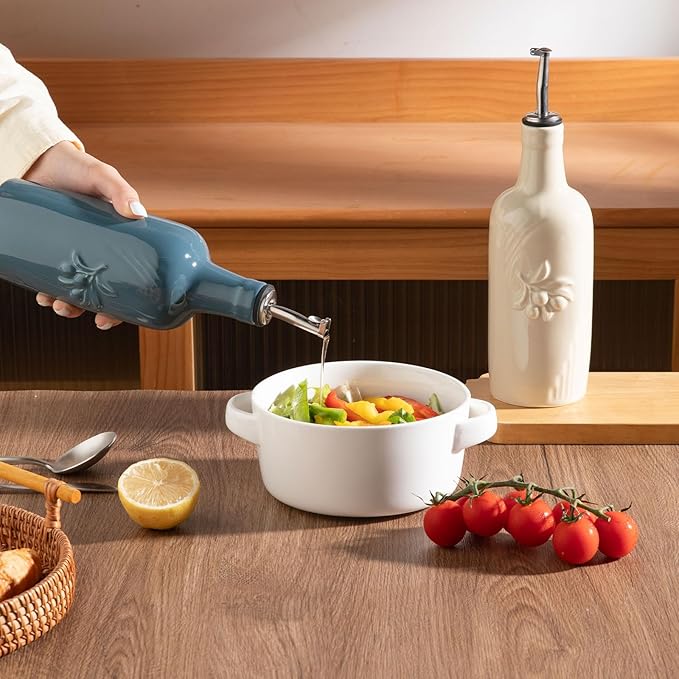Sweejar Ceramic Olive Oil Dispenser Bottle, 17 FLOZ Oil Bottle with Spout，Porcelain Oil Dispenser for Kitchen,Cooking, Evoo, Vinegar, Soy Sauce, Pack of 1 (Fog blue)