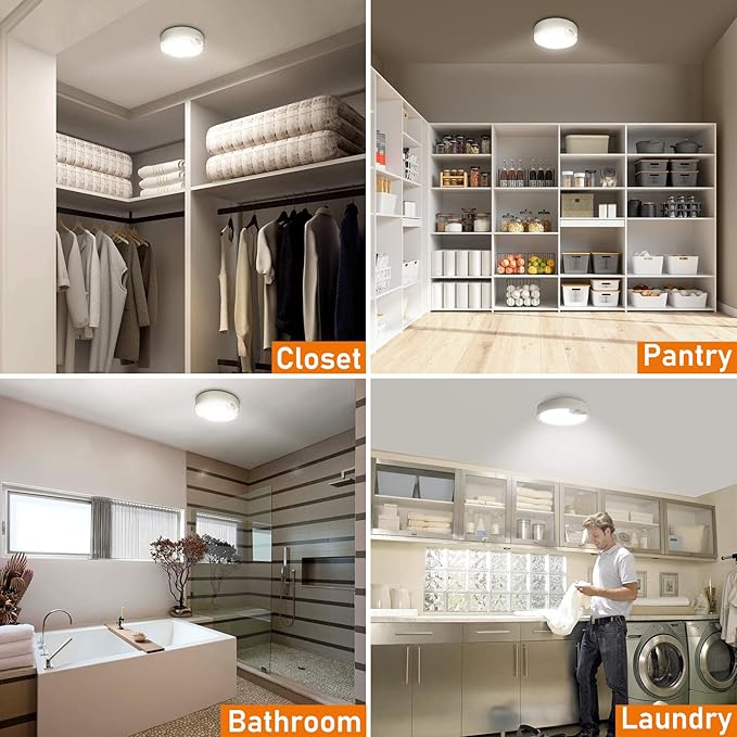 TOOWELL Motion Sensor Ceiling Light Battery Operated Indoor LED Ceiling Lights for Closet Hallway Pantry Laundry Stairs Garage Bathroom Shower Porch Shed Wall 400LM Motion Activated Light - 2 Pack