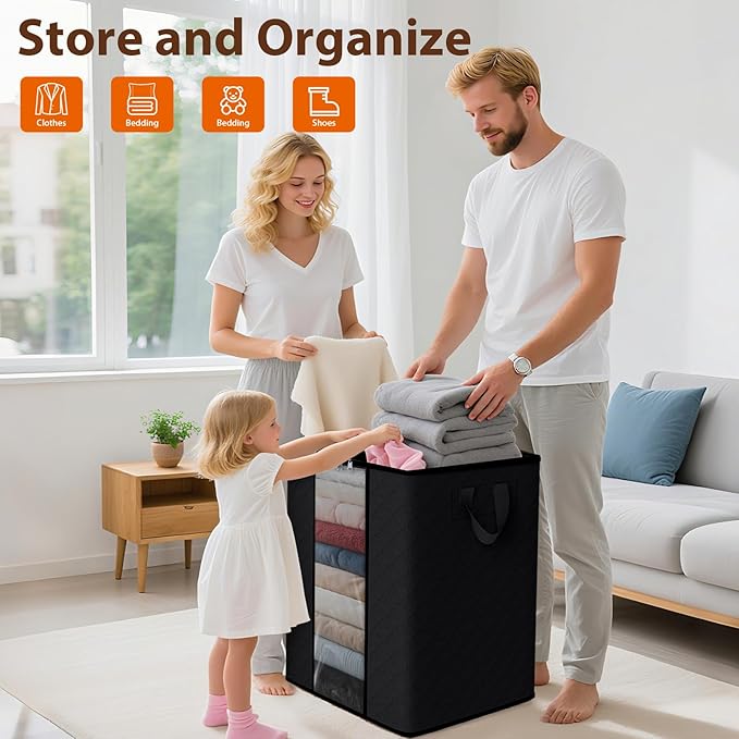 8 Pack 100L Clothes Storage, Foldable Thick Fabric Blanket Storage Bags, Black