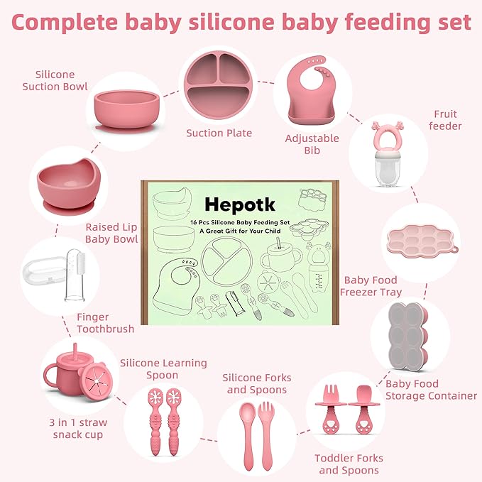 16 Pack Silicone Baby Feeding Set, BPA-Free Baby LED Weaning Supplies, Include Suction Plates, Baby Bowls, Silicone Fork & Spoon, and More, First Stage Baby Food Eating Utensils - 6+ Months(Pink, 16)