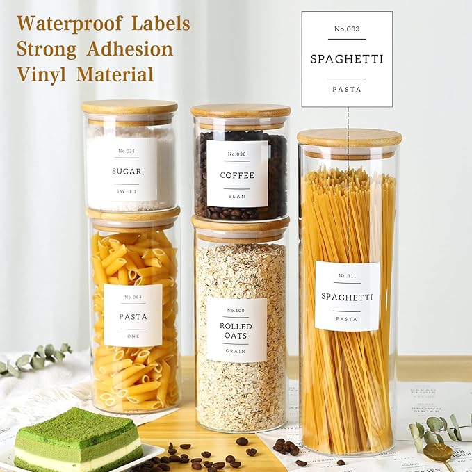 CZSZYGHBAO 5 Pack Glass Jars with Bamboo Airtight Lids - Stackable Food Storage Containers with 132 Pantry Labels - with Wood Lid for Candy, Cookie