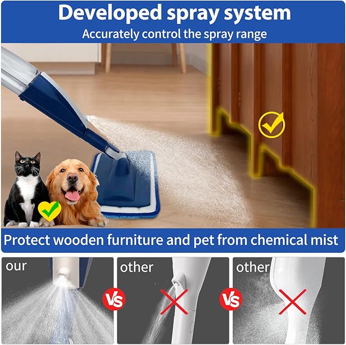 Mops for Floor Cleaning Wet Spray Mop with 14 oz Refillable Bottle and 3 Washable Microfiber Pads Home or Commercial Use Dry Wet Flat Mop for Hardwood Laminate Wood Ceramic