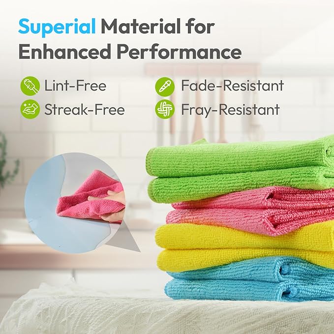 Microfiber Cleaning Cloth 24 Pack, 12x12 Inch Reusable Kitchen Dish Towels,Super Absorbent Soft Cleaning Rags for House, Window, Glass, Bathroom and Countertop (Assorted Colors)