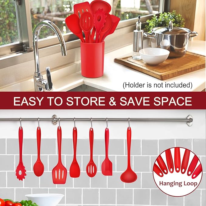 P&P CHEF Silicone Cooking Utensils Set of 7, Heat-proof Kitchen Utensils Set for Nonstick Cookware, Non-stick Spatula, Slotted Turner, Soup Ladle, Pasta Server, Spoon for Cooking Serving - Red