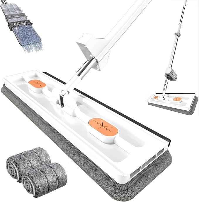 Large Flat Mop, 360° Magic Mop Flat Mop and Bucket System with Dewatering Scraper,2023 Large Flat Mop, Wet and Dry Use, Floor Mop Set for Hardwood Laminate Tiles,White