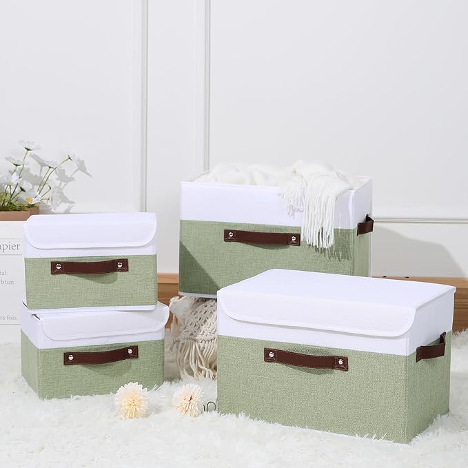 ANMINY 4 Storage Boxes - Small, Green White. Home Closet Organizer