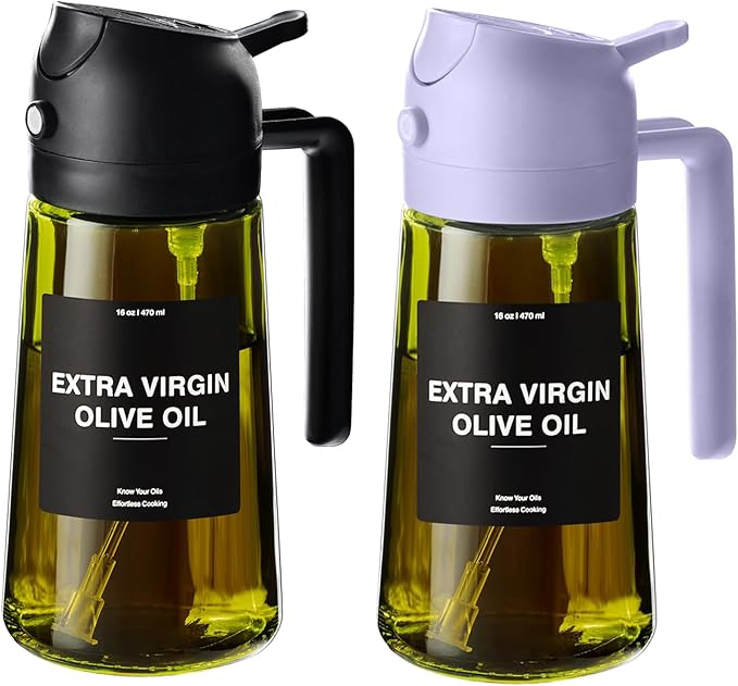 CXINYI - 16oz/470ml Olive Oil Dispenser for Kitchen with Stickers - 2 in 1 Olive Oil Sprayer for Cooking, Air Fryer, and Salad, Black&Purple (Light-Proof Kitchen Gadget)