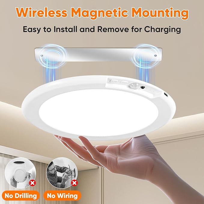 Rechargeable Motion Sensor Ceiling Lights with Remote, Battery Operated Closet Lights No Wiring, Wireless LED Shower Lights, 3 Colors Dimmable Overhead Lamps for Closet Shower Pantry Hallway, 2 Pack