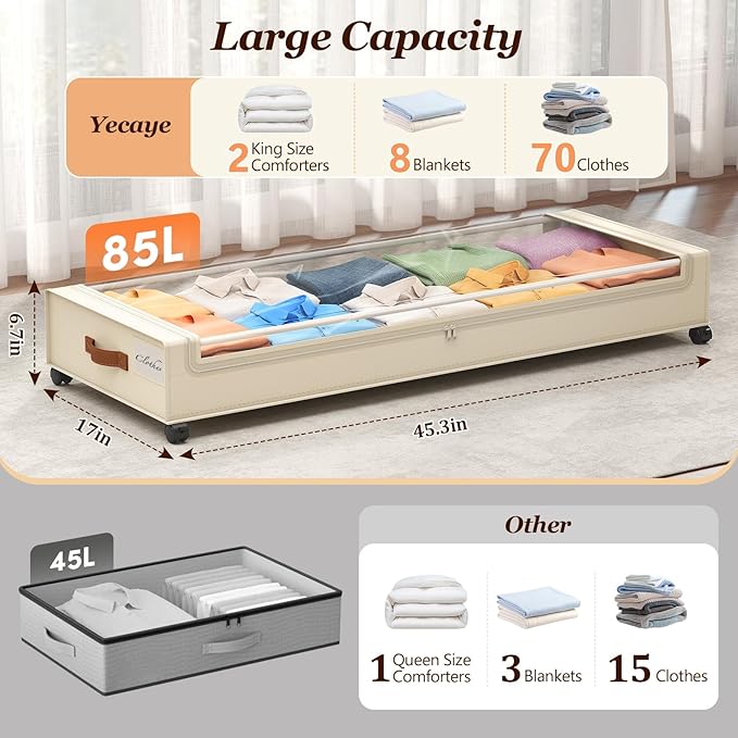 Under Bed Storage with Wheels 2 Pack, Beige