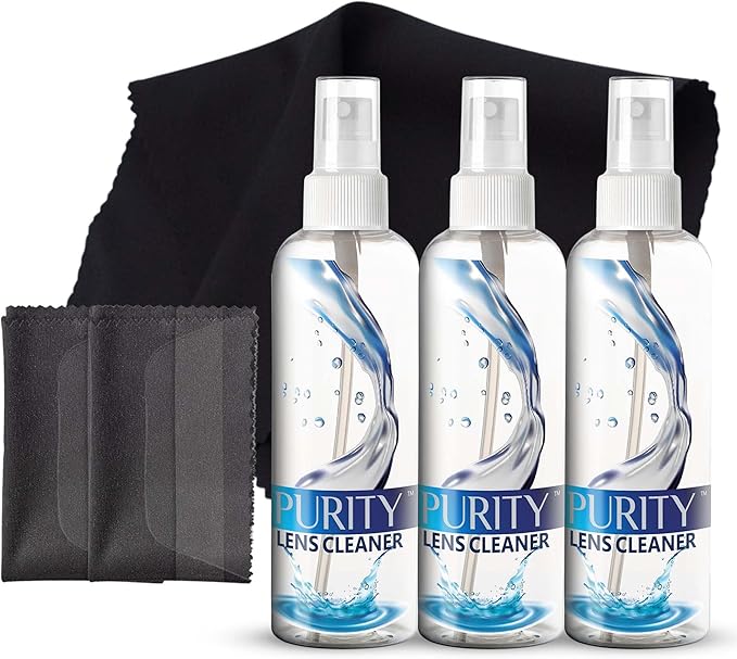Purity Eyeglass Lens Cleaner Spray Kit - 3 x 8oz Lens Cleaner Spray Bottle + 2 Microfiber Cloth for Cleaning - Safe for All Lenses