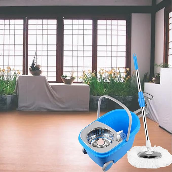 Mop Bucket with Wringer Set On Wheels,360 Spin Mop and Bucket Set,with 61" Stainless Steel Telescopic Handle and 3 Replacement Head(25QT,Blue)