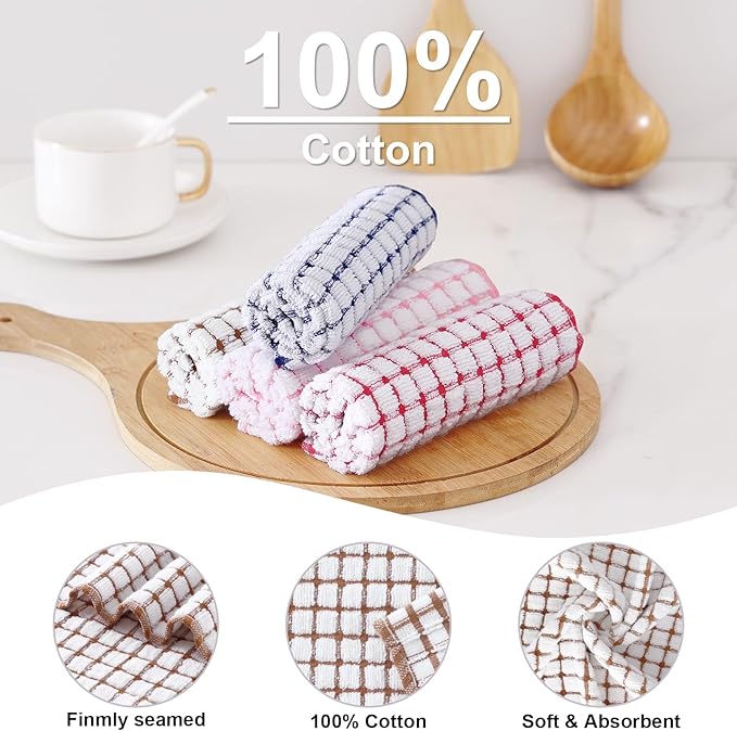 Kitinjoy Cotton 16 Pack Kitchen Towels and Dishcloths Sets, 16 x 25 Inch & 12 X 12 Inch Dish Towels Bulk, Super Soft and Absorbent Hand Towels for Kitchen Drying, Brown