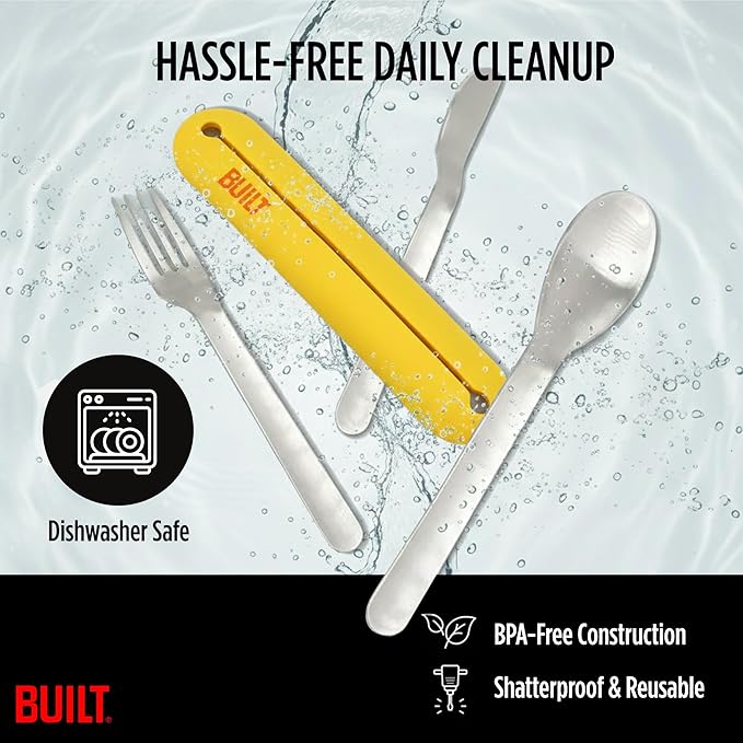 Built Reusable Utensil Set with Silicone Storage Case, Lemon - Lightweight Stainless Steel Fork, Knife, Spoon for Zero Waste Living, Picnics, Lunch Bags - Camping Flatware Sets for Daily Use/Outdoor
