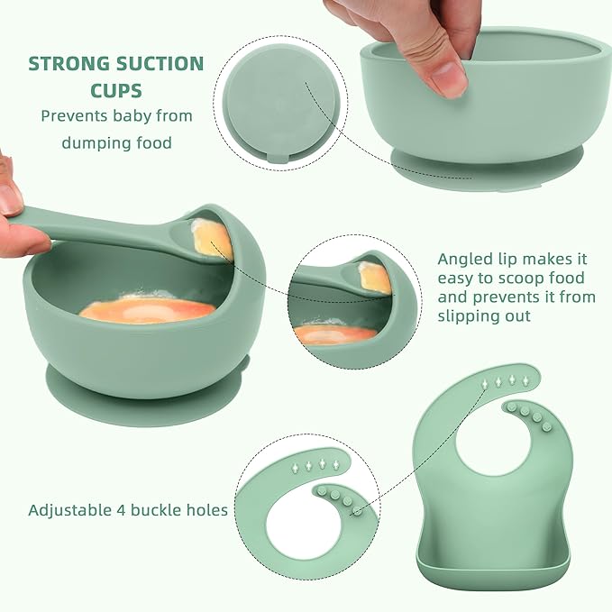 16 Pack Silicone Baby Feeding Set, BPA-Free Baby LED Weaning Supplies, Include Suction Plates, Baby Bowls, Silicone Fork & Spoon, First Stage Baby Food Eating Utensils - 6+ Months (Dark Green, 16)