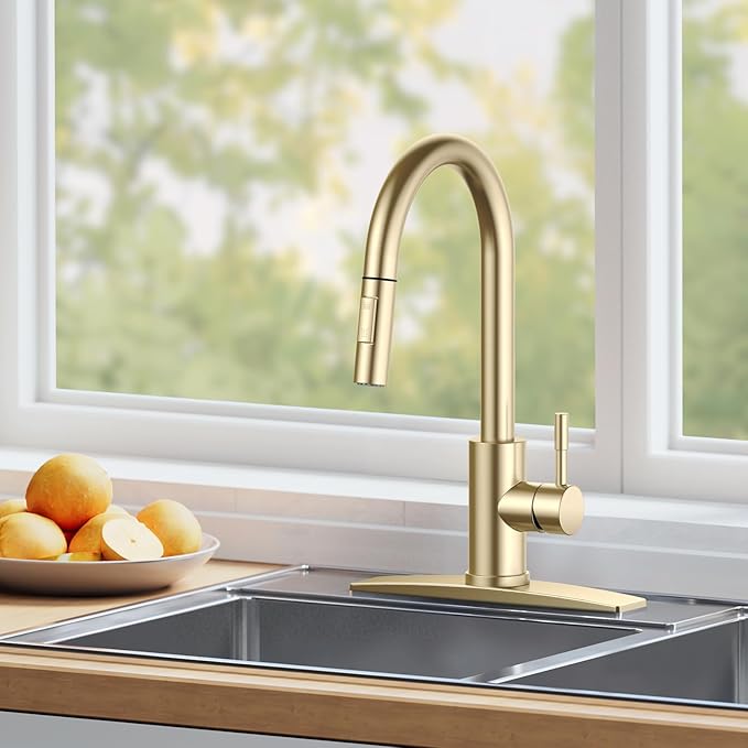 FORIOUS Gold Kitchen Faucet with Pull Down Sprayer, High Arc Modern Classic Sink Faucet Stainless Steel with Deck Fit for 1 or 3 Hole for Pot Filler Bar Farmhouse Laundry Rv, Brushed Champagne Golden