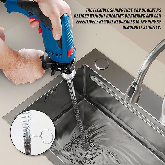 49.2 Feet x 1/2 inch Solid Drain Cleaning Cable with Six Shapes of Cutters, Manually Adapter and Powered Adapter