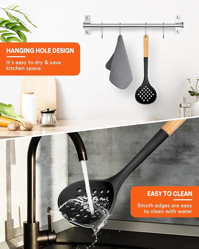 Kitchen Ladle Strainer, Large Slotted Spoon with High Heat Resistant BPA Free, Non Stick Cooking Skimmers For Draining & Frying, 13.2inch (Black)