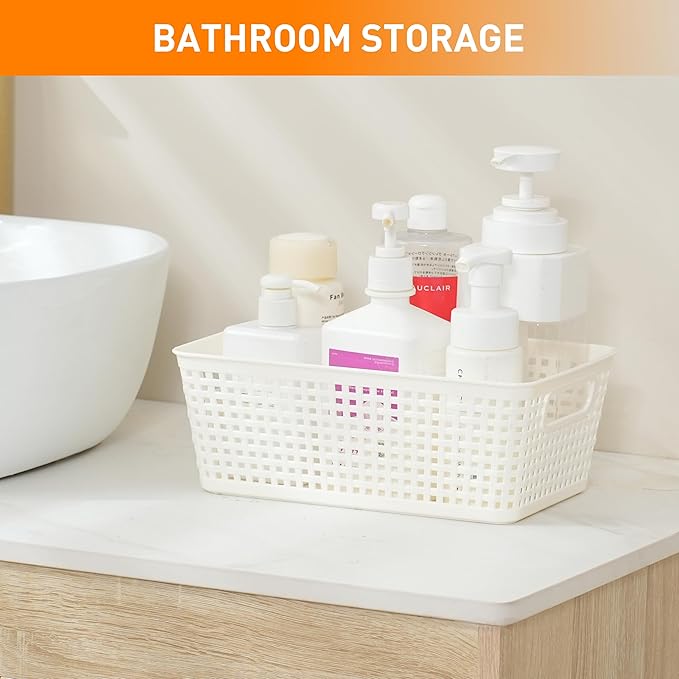 Plastic Storage Baskets With Lid, Storage Bins for Organizing, Stackable Decorative Containers for Shelves Drawers Desktop Closet Playroom Classroom Office, 10 Pack-White