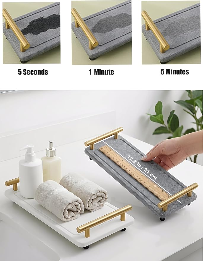 Instant Dry Sink Caddy Organizer,Diatomaceous Earth Bathroom Organizer with Handle Water Absorbing Stone Tray for Sink Water Absorbent Diatomite Coasters (S Gray Black Handle)