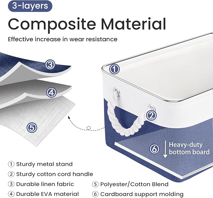 Storage Baskets for Shelves 13.8x9.8x6.7 Inch, Foldable Fabric Storage Bins with Handles, Small Storage Baskets for Organizing Closet, Office, Home Organization (1-Pack, White&Blue)