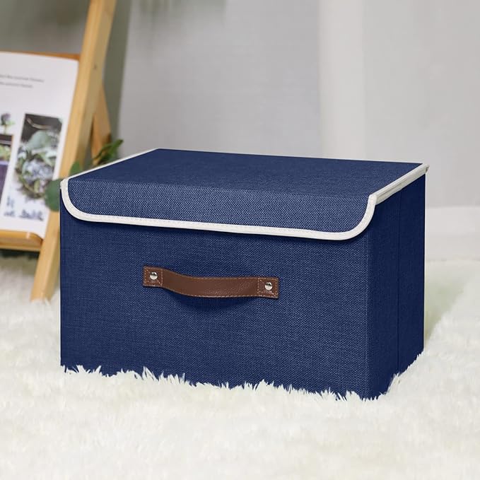 ANMINY Storage Bin with Lid Storage Boxes with PU Leather Handles PP Plastic Board Decorative Foldable Lidded Cotton Linen Fabric Home Cubes Baskets