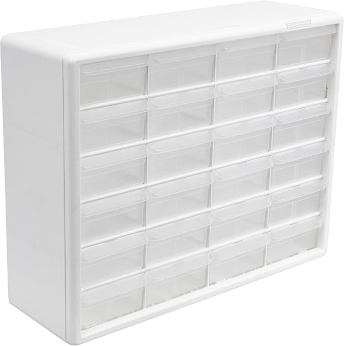 Akro-Mils 24-Drawer Plastic Drawer Storage Cabinet for Garage Organization, Bead Organizer, Building Bricks Storage, Teacher Toolbox, Makeup Organizer, 20" W x 6" D x 16" H, 10124 White