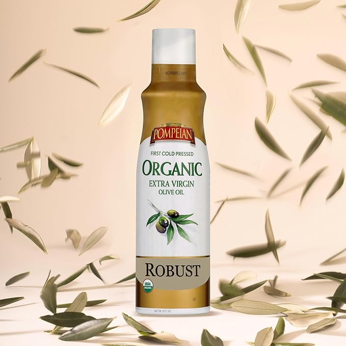 Pompeian Robust Organic Extra Virgin Olive Oil Spray - (3 Pack) 5 fl oz, 148 mL - No Propellants - First Cold Pressed Olive Oil for Cooking - Robust Flavor for Salads, Pasta, and Drizzling