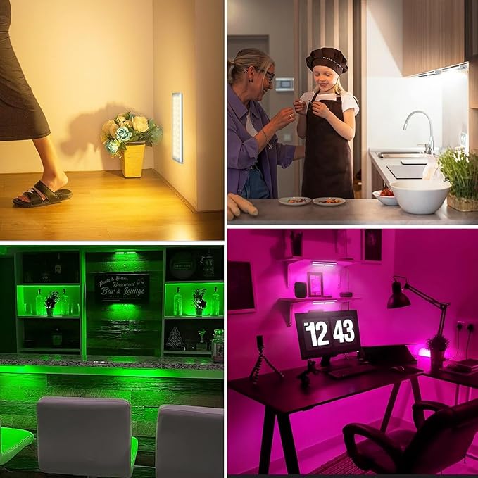 Under Cabinet Lights Wireless, 58-LED Rechargeable Motion Sensor Closet Lights with Remote Control, RGB Color Changing Under Counter Lights for Kitchen, Pantry, Bedroom, Stairs, 4 Pack