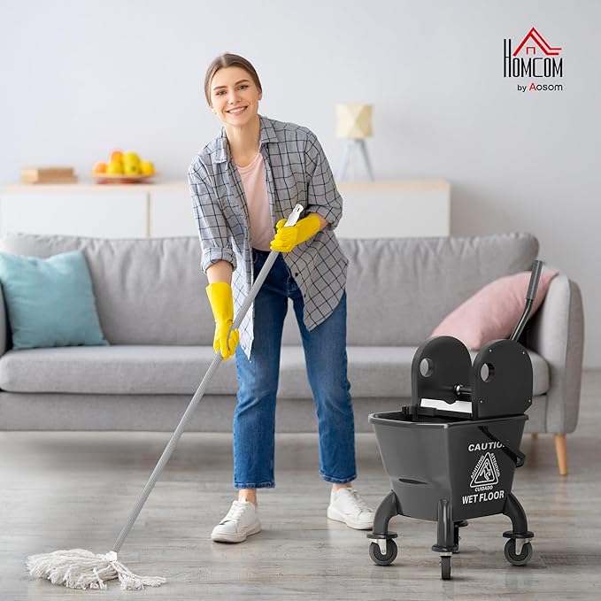 HOMCOM Mop Bucket with Wringer on Wheels for Floor Cleaning, 27.5 Quart Down Press Wringer with Handle and Mop, Black