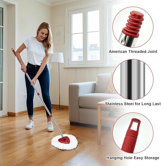 Spin Mop Handle Mop Heads Mop Base Mop Scruby Brush Replacement Sets Combo Compatible with Ocedar EasyWring 1 Tank Spin Mop System (1 Sets Stainless Steel Mop Handle +2 White Heads +1 Base +1 Brush)