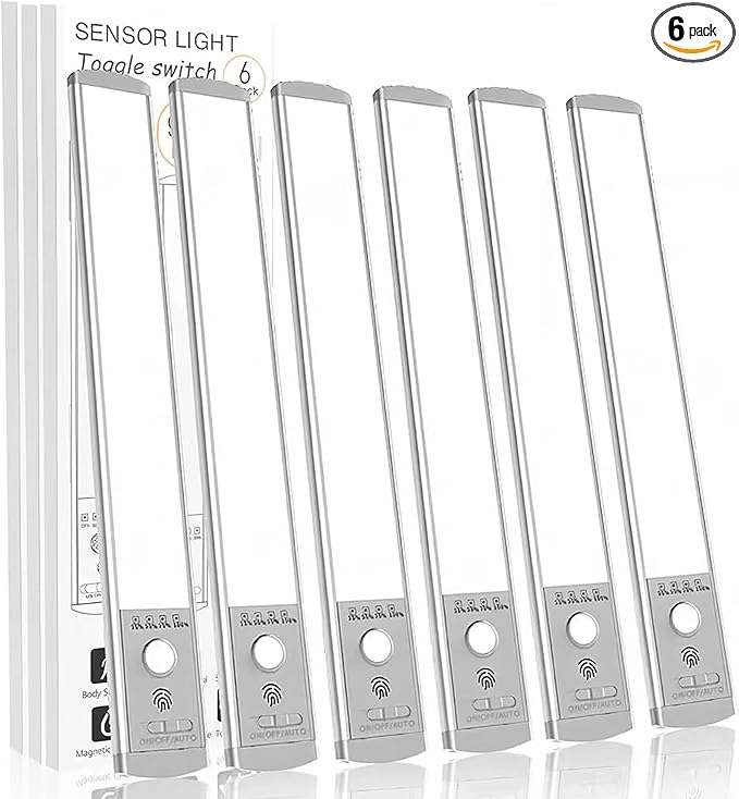 6-Pack Under Cabinet Lights, 1500mAh Rechargeable 52-LED Motion Sensor Light, 10-inch Wireless Magnetic Stick-On Closet Lights, Stepless Dimmable Night Light for Kitchen, Pantry, Wardrobe