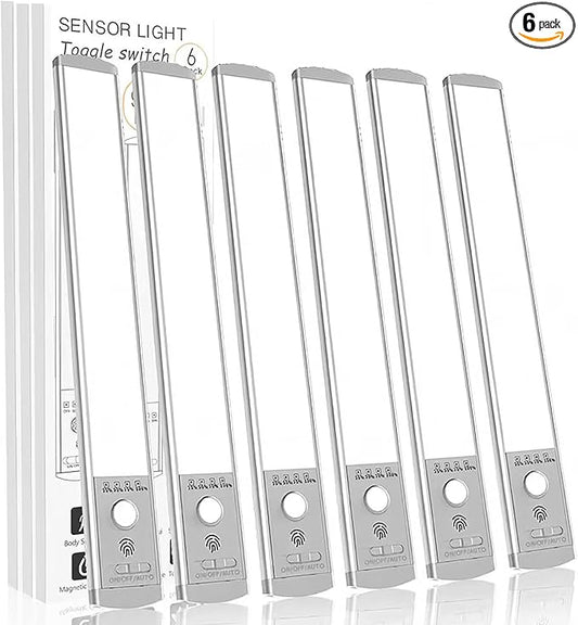 6-Pack Under Cabinet Lights, 1500mAh Rechargeable 52-LED Motion Sensor Light, 10-inch Wireless Magnetic Stick-On Closet Lights, Stepless Dimmable Night Light for Kitchen, Pantry, Wardrobe