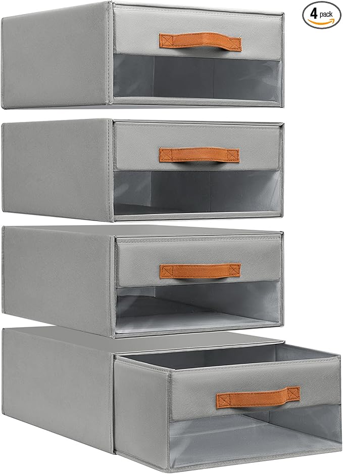 DIMJ Closet Organizers and Storage - Fabric Bins with Drawers for Closet Foldable Clothes Organizers with Clear Window, Stackable Storage Drawers Units for Bedroom, Living Room, 4-Pack, Grey