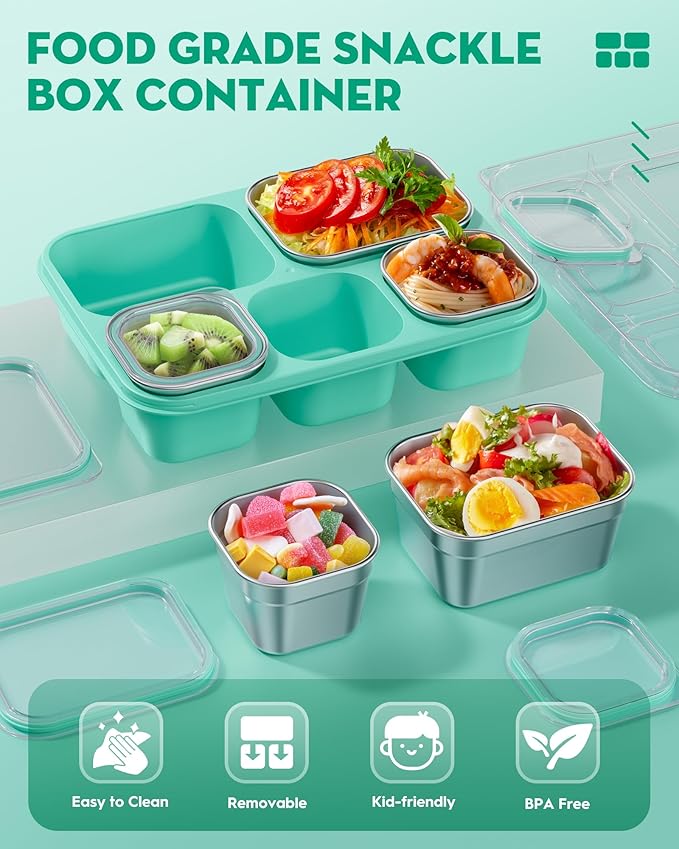 BiuLeon Snackle Box Containers, Stainless Steel 5 Compartments Divided Serving Tray with Lid