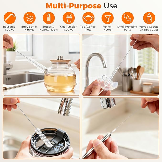 10-Packs Premium Straw Cleaner Brush in Mixed Sizes, 8IN Long Reusable Stainless Steel Cleaning Brushes Set with Soft Sturdy Nylon Bristles for Metal