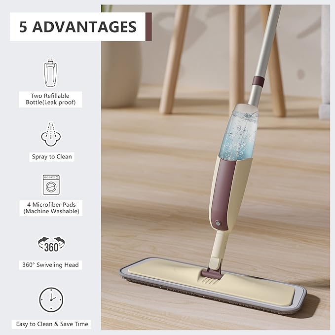 HOMTOYOU Spray Mop for Floor Cleaning: Wet Mop with 4 Washable Microfiber Pads and 2 Refillable Bottles for Hardwood Laminate Wood Vinyl Ceramic Tiles Home Kitchen
