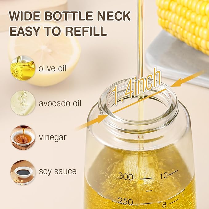 Vucchini Olive Oil Dispenser Bottle for Kitchen Cooking 10 oz - Auto Flip Vinegar Dispenser Container- Leakproof Glass Cruet with Non-Drip Spout Dispenser (white and yellow)