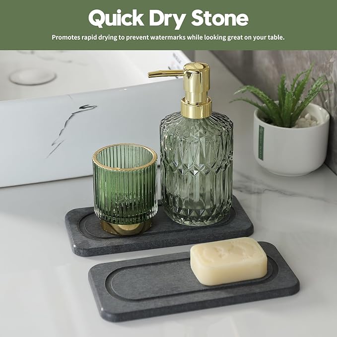 2Pack Diatomite Stone Coasters Water Absorbing Sink Tray for Kitchen & Bathroom Counter, Quick Dry Soap Dish Vanity Caddy, Dispenser Sponge Holder Space Organizer, Dark Gray - 8"x 3.8"