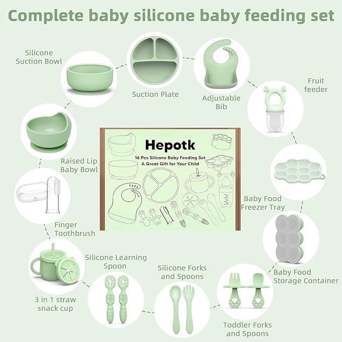 16 Pack Silicone Baby Feeding Set, BPA-Free Baby LED Weaning Supplies, Include Suction Plates, Baby Bowls, Silicone Fork & Spoon, and More, First Stage Baby Food Eating Utensils - 6+ Months(Green, 16)
