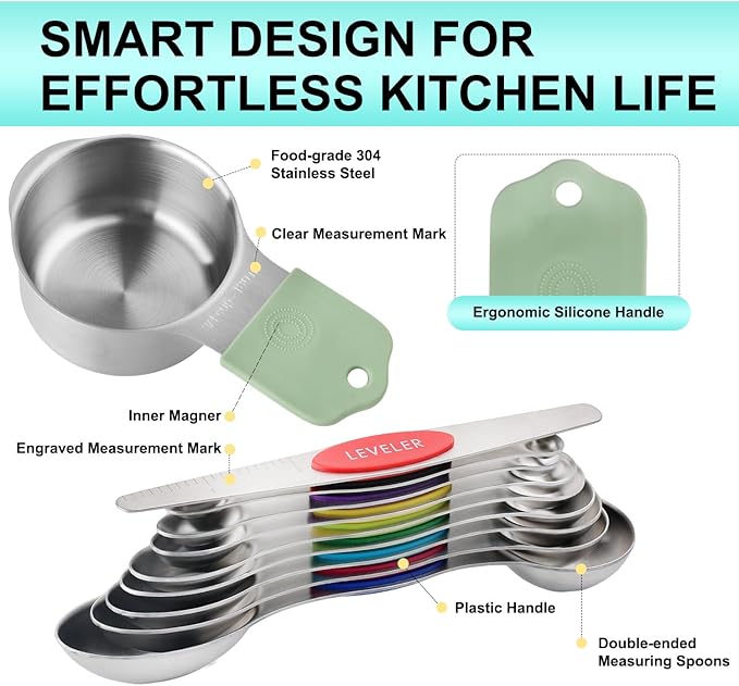 16 Pcs Magnetic Measuring Cups and Spoons Set,Stackable Metal Measure Cup for Measuring Dry and Liquid Ingredients,Kitchen Dry Food, Cooking Baking Measurements
