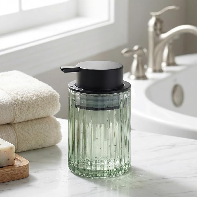 Amolliar Foaming Soap Dispenser, 8OZ Green Glass Soap Dispenser with Plastic Pump, Refillable Hand Soap Dispenser for Bathroom, Kitchen, Shower, Lotion, Dish Soap Dispenser, Home Decor, Black 1 Pack