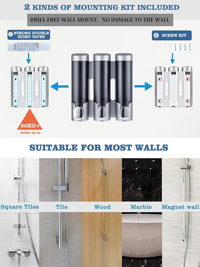 RANKADO Luxury Shower Soap Dispenser 3 Chamber No Drill,Soap Shampoo Conditioner Dispenser Bathroom Wall Mounted with Labels Hotel RV,Silver