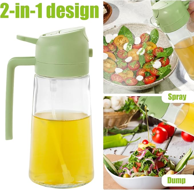3PCS 2 in 1 Oil Dispenser and Sprayer,16oz/470ml Glass Olive Dispenser Bottle & Oil Spray Bottle,Oil Sprayer for Cooking,Kitchen,Salad,Barbecue,Air Fryer (Green)