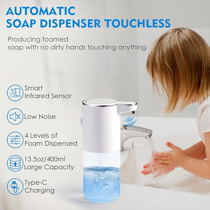 XINKORA Automatic Foaming Soap Dispenser, Touchless Foam Hand Soap Dispenser for Bathroom, 4-Level Adjustable,13.5oz/400ml, Wall Mounted, Rechargeable