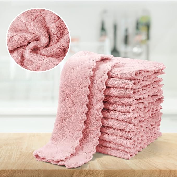 UMANI 12 Pack Kitchen Dish Cloths, Ultra Soft Absorbent Quick Drying Dish Towels, Nonstick Oil Microfiber Cleaning Cloth, Machine Washable Coral Fleece Cleaning Rags (Pink)