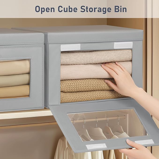 DIMJ Storage Bins with Lids - 5 Pack Large Fabric Closet Organizer with Window & Handles, Collapsible Decorative Storage Boxes for Shelves Under Bed